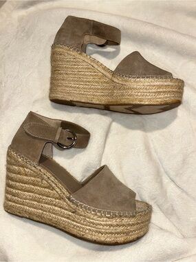 Marc Fisher Taupe Suede Espadrille Wedge Sandals with Ankle Buckle